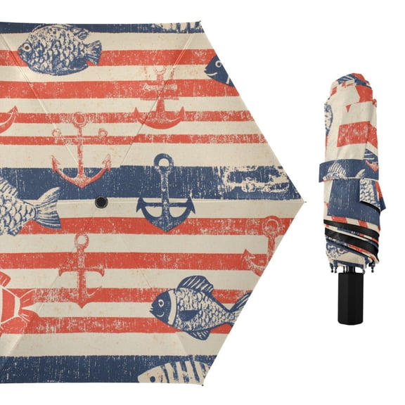 Navy Stripes with Fishes Kellegs All Weather Umbrella Triple Folding Parasol 6 Ribs UV Protection Portable