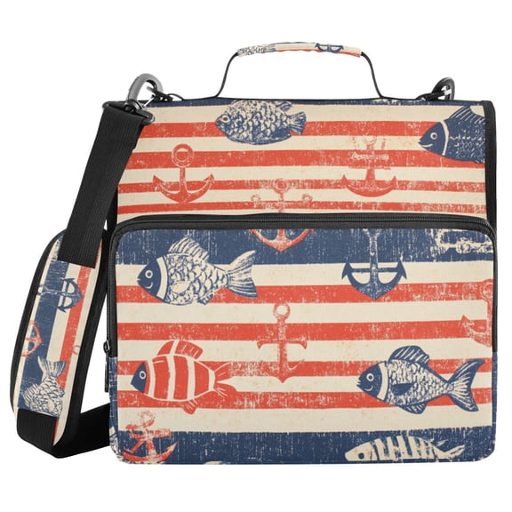 Navy Stripes with Fishes Kellegs Binder Bag with Shoulder Strap 3 Ring Zipper Binder File Folder Document Storage