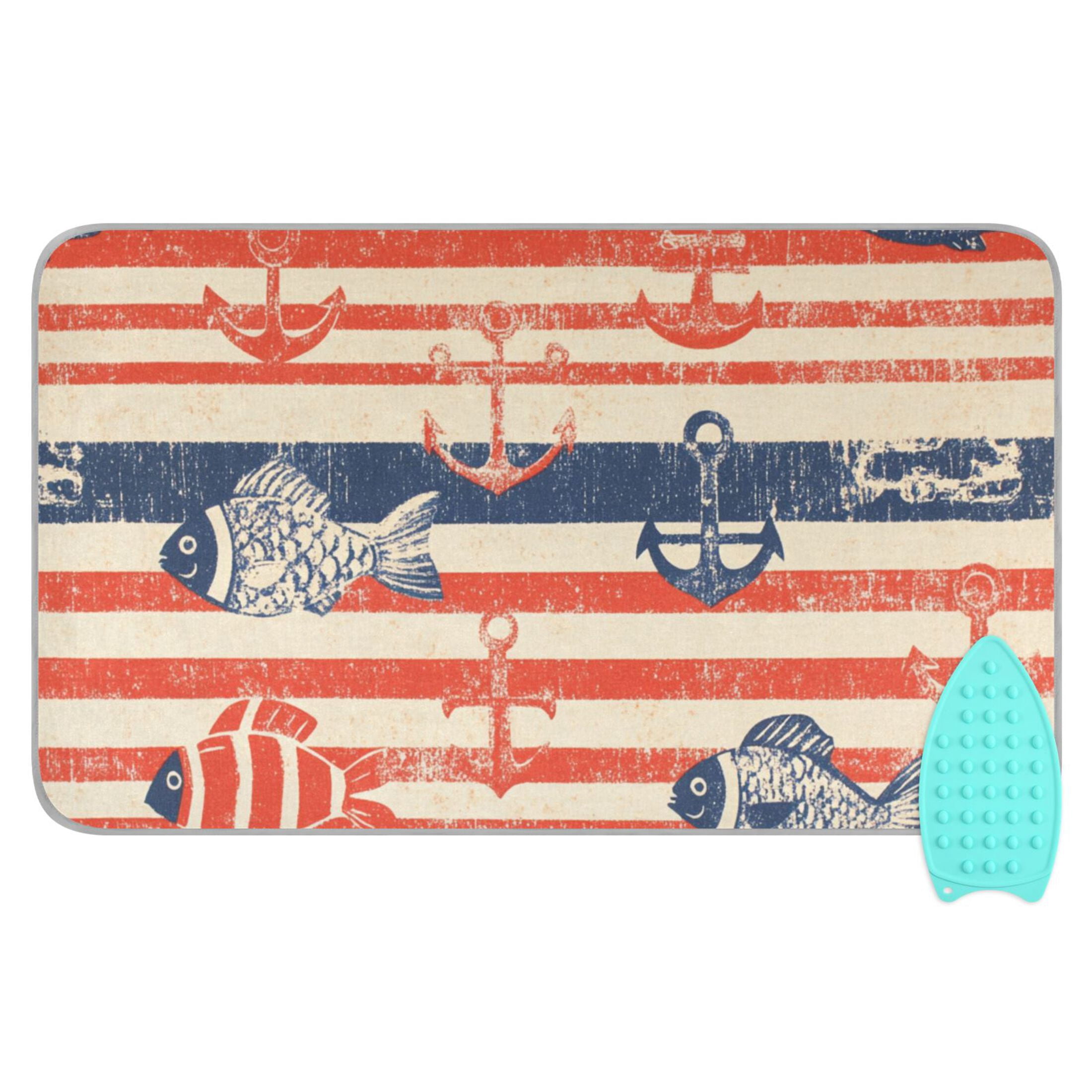 Navy Stripes with Fishes Kellegs Ironing Mat Blanket Portable Travel Ironing Pad Heat Resistant Pad 47.2" x 27.6”