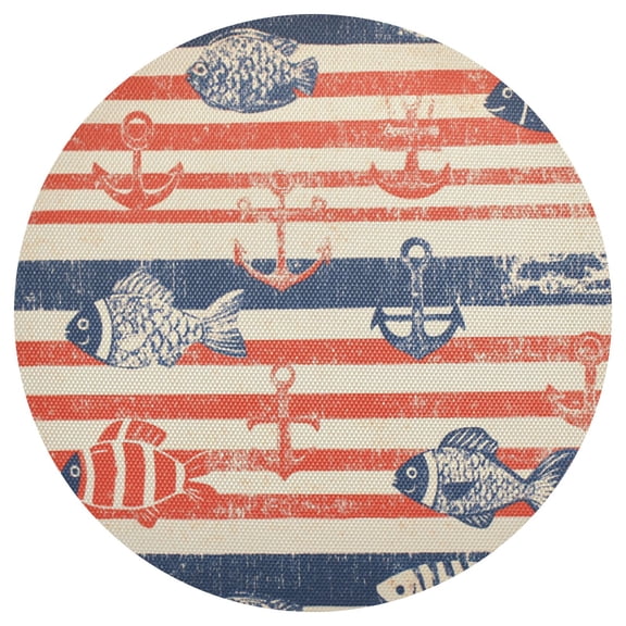 Navy Stripes with Fishes Kellegs PVC Round Grid Placemat Table Mat 1 Pc 15.4" x 15.4"