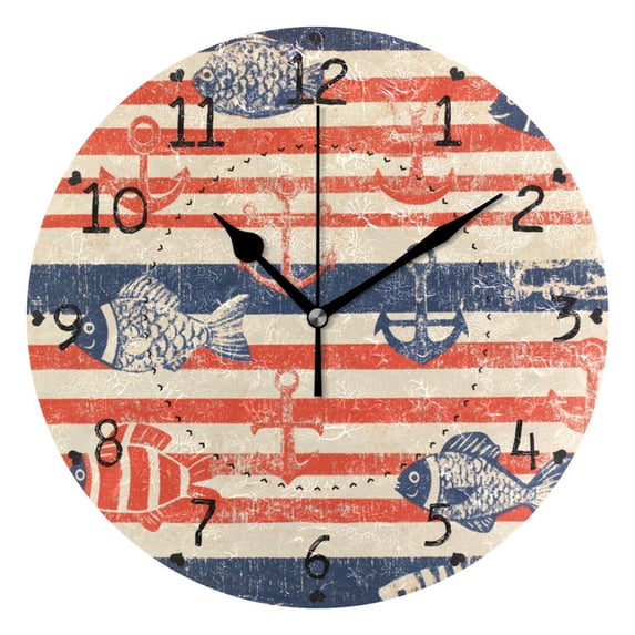 Navy Stripes with Fishes Kellegs Round Wall Clock Silent Analog Battery Operated Black Pointer Home Decor 9.84" Diameter