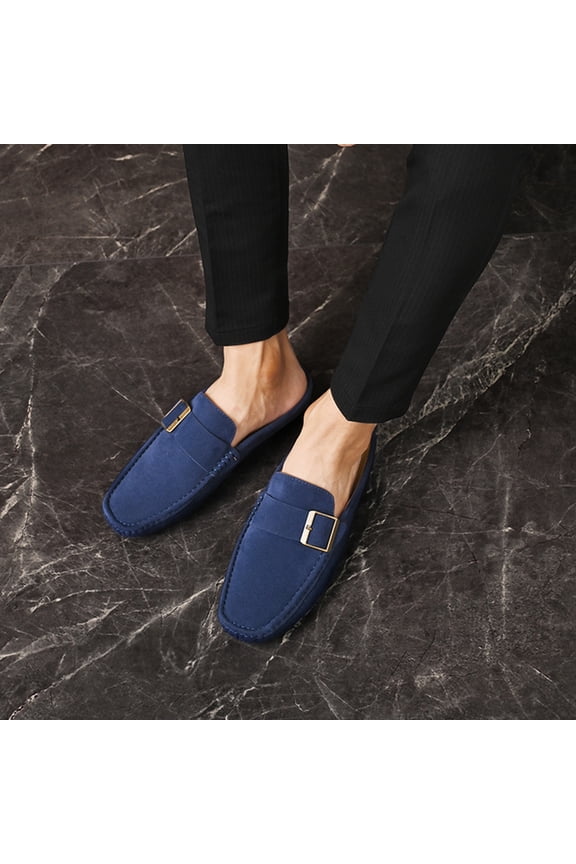 Navy Suede Metal Square Buckle Backless Two-way Wear Loafer Mule Driving Shoes