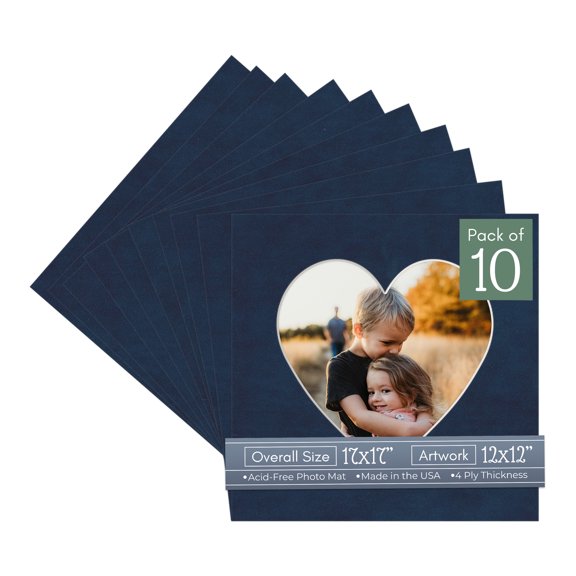Navy Suede Picture Frame Mat for 17x17 Frames - Heart Opening for 12x12 Photos - 10 Mats