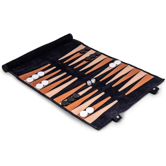 Navy Suede Roll-Up Backgammon Travel Set w/ Playing Pieces