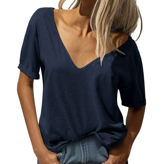Navy T Shirts For Women's Fashion Deep V Neck Short Sleeve Top Solid Color Casual Loose Basic T Shirt Cotton