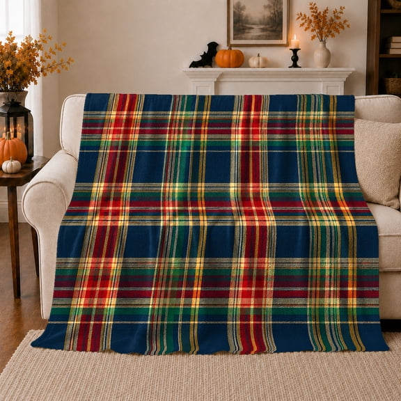 Navy Tartan With Red And Green Bands, Cozy Flannel Blanket with Traditional Tartan Plaid Print, Housewarming Gift for Traditional Plaid Enthusiasts, Home Decor for Bedroom and Living Room