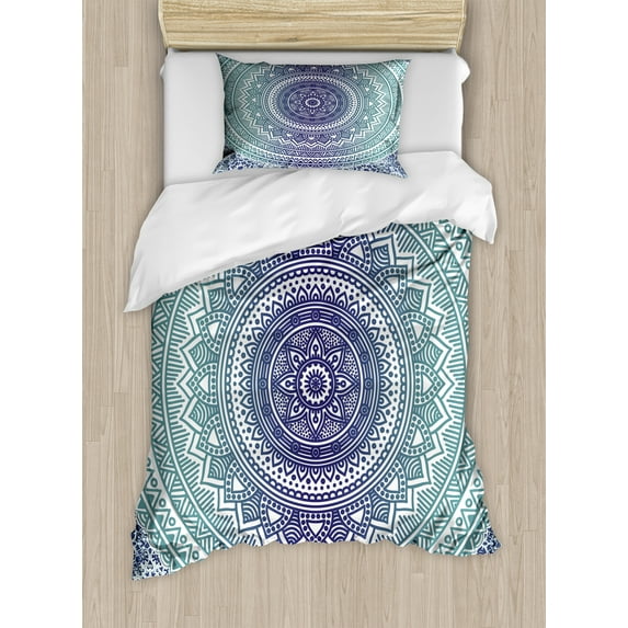Navy and Teal Duvet Cover Set, Ombre Mandala Old Art Effects Bohemian Pattern Illustration, Decorative 2 Piece Bedding Set with 1 Pillow Shams, Twin Size, Dark Blue White, by Ambesonne