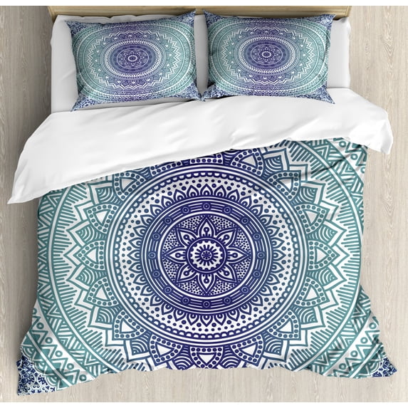 Navy and Teal Duvet Cover Set, Ombre Mandala Old Art Effects Bohemian Pattern Illustration, Decorative 3 Piece Bedding Set with 2 Pillow Shams, Queen Size, Dark Blue White, by Ambesonne