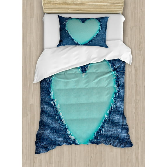 Navy and Teal Duvet Cover Set Twin Size, Ripped Denim Jean Fabric Image Heart Shape Love Romance Valentines Day, Decorative 2 Piece Bedding Set with 1 Pillow Sham, Navy Blue Seafoam, by Ambesonne