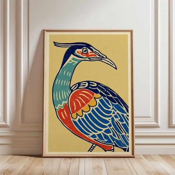 Navy Teal Patterned Bird Tribal Line Art Red Accents Nature Wall Art Unframed Paper Print