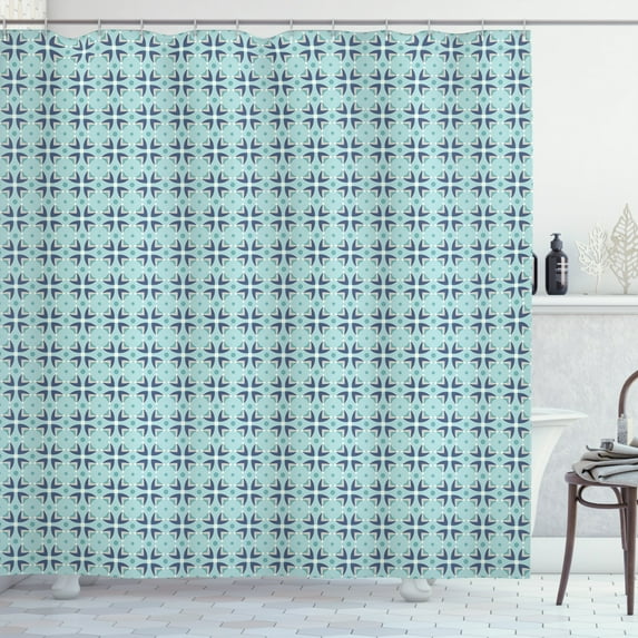 Navy and Teal Shower Curtain, Floral Design with Squares Rhombuses and Dots Abstract Geometric Pattern, Fabric Bathroom Set with Hooks, 69W X 84L Inches Extra Long, Multicolor, by Ambesonne