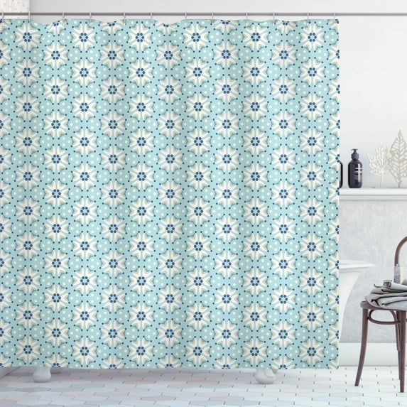 Navy and Teal Shower Curtain, Spring Flowers Bouquet Pattern with Various Dots on Pastel Colored Background, Fabric Bathroom Set with Hooks, 69W X 84L Inches Extra Long, Multicolor, by Ambesonne