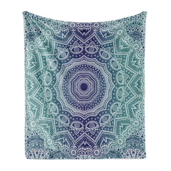 Navy and Teal Soft Flannel Fleece Throw Blanket, Cosmic Diagram Art Mandala Circle Ombre Art Illustration, Cozy Plush for Indoor and Outdoor Use, 50" x 60", Dark Blue Teal, by Ambesonne