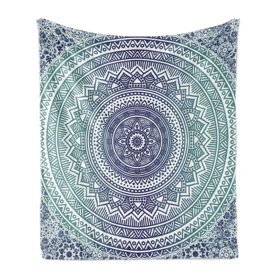 Navy and Teal Soft Flannel Fleece Throw Blanket, Ombre Mandala Old Art Effects Bohemian Pattern Illustration, Cozy Plush for Indoor and Outdoor Use, 50" x 60", Dark Blue White, by Ambesonne