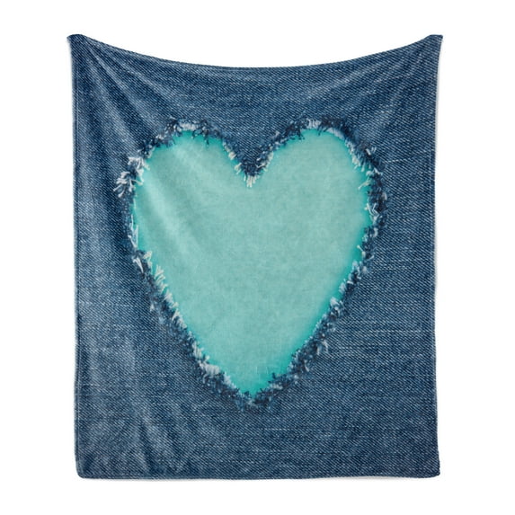Navy and Teal Soft Flannel Fleece Throw Blanket, Ripped Themed Image Heart Shapes Lover Romance Valentines Day, Cozy Plush for Indoor and Outdoor Use, 70" x 90", Navy Blue and Seafoam, by Ambesonne