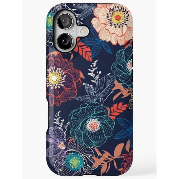 Navy, Teal and Coral Line-Art Floral Tough Case for Apple iPhone ...