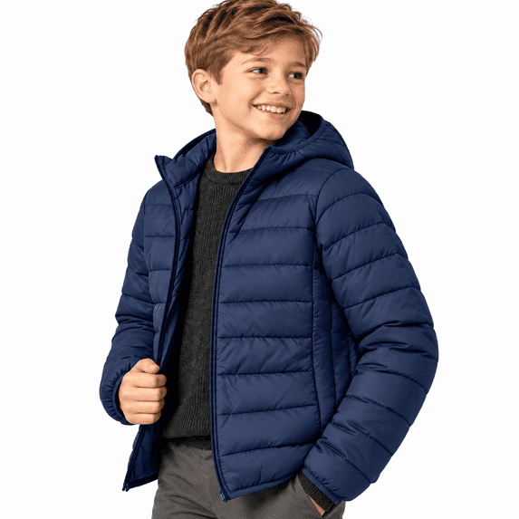 Navy Teen Boys Lightweight Padded Jacket Size 9-10 Years, Hooded Full-Zip Winter Warm Coat with Side Pockets for Casual Layering and Outerwear Clothes