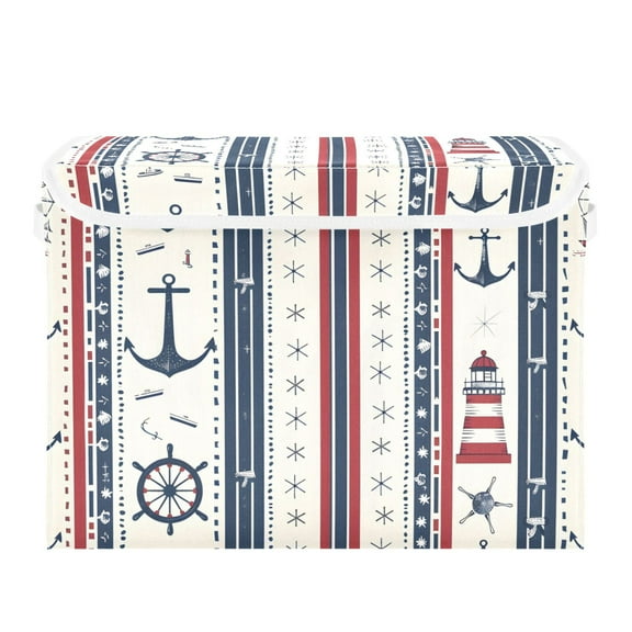 Navy Theme Stripes Wheels Lighthouses Foldable Storage Bin with Lid and Handle Collapsible Storage Box 16.5 x 12.6 x 11.8 inches