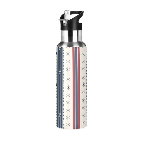 Navy Theme Stripes Wheels Lighthouses Sports Bottle with Straw Stainless Steel Water Jug Portable Thermal Cup Leak-proof 600ML