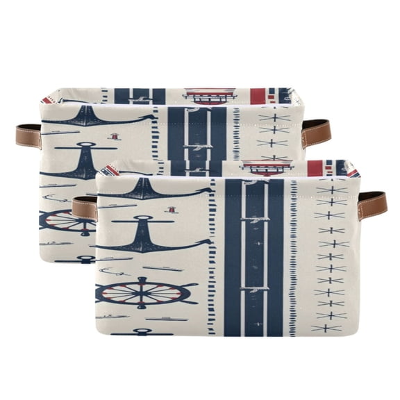 Navy Theme Stripes Wheels Lighthouses Square Storage Bins with Handles Collapsible Containing Box 2 Packs