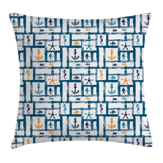 Navy Throw Pillow Cushion Cover, Marine Grunge Starfish Anchor Seahorse Underwater Marine Murky Design, Decorative Square Accent Pillow Case, 18 X 18 Inches, Petrol Blue Marigold Teal, by Ambesonne