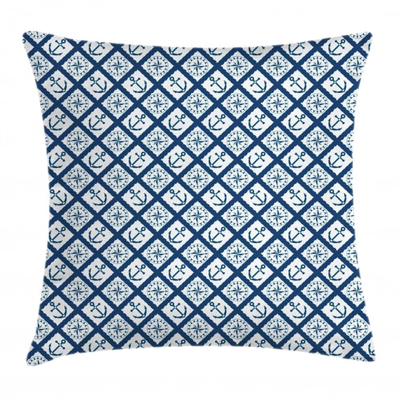 Navy Throw Pillow Cushion Cover, Nautical Pattern with Anchor and Windrose in Rope Stripes Navigation Sea Adventure, Decorative Square Accent Pillow Case, 18 X 18 Inches, Indigo White, by Ambesonne
