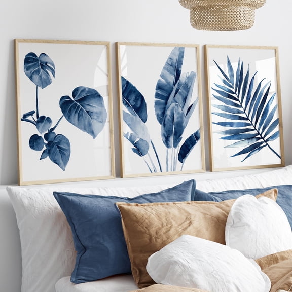 Navy Tropical Leaves Prints Indigo Navy Blue Modern Wall Decor Monstera Philodendron Banana Palm Leaf Minimalist Set 3
