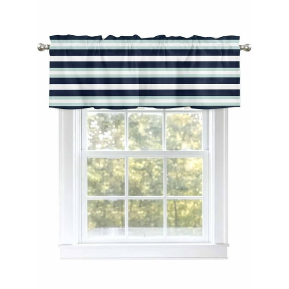 Navy Turquoise Stripe Valances for Windows, Rod Pocket Kitchen Valance Curtains - Soft & Washable Small Window Treatment for Living Room, Bathroom, Contrast , 42x12 Inch, 1 Panel