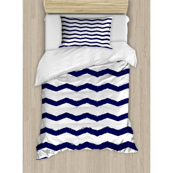 Navy Duvet Cover Set, Chevron Twisty Pattern in Nautical Style Tones Ocean Sea Life Cottage House Design, Decorative 2 Piece Bedding Set with 1 Pillow Shams, Twin Size, Indigo White, by Ambesonne