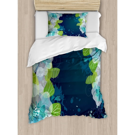 Navy Duvet Cover Set, Sketchy Abstract Blossoms Flowers with Leaves on Grunge Backdrop, Decorative 2 Piece Bedding Set with 1 Pillow Shams, Twin Size, Pale Green Navy Blue, by Ambesonne