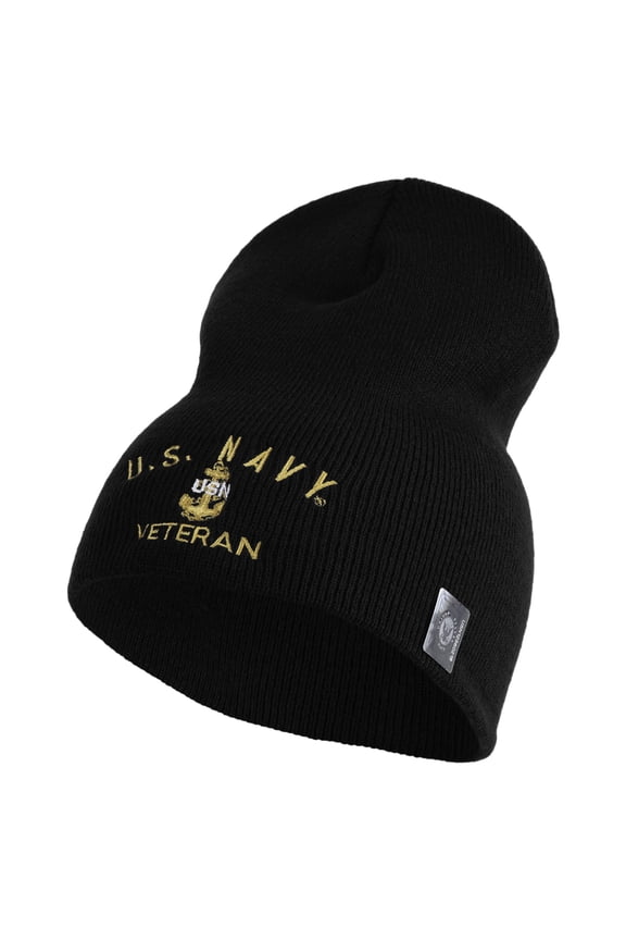 Navy USN Veteran Symbol Embroidered Heavyweight Classic Knit YP Short Beanie - Black OSFM