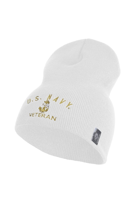 Navy USN Veteran Symbol Embroidered Heavyweight Classic Knit YP Short Beanie - White OSFM