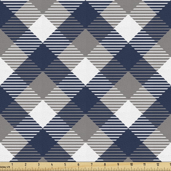 Ambesonne Abstract Fabric by the Yard Upholstery, Checkered Tartan Shape, 1 Yard, Dimgrey White Dark Blue