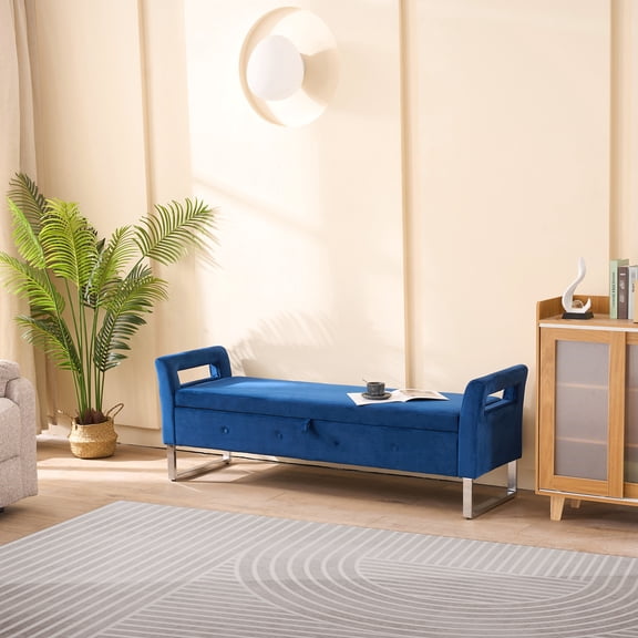 Navy Velvet Armrest Storage Bench - Enhance Style Of Your Living Room, Bedroom & Entry Spaces Transform Home Interior With Enhancements