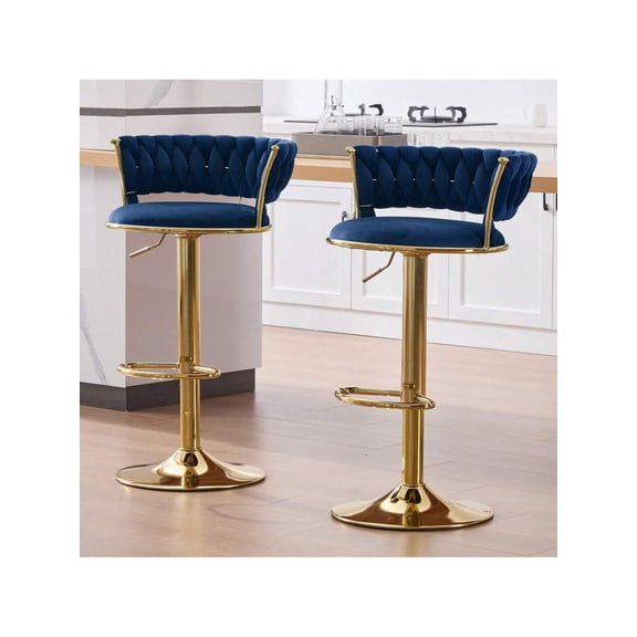 Navy Velvet Bar Stools Set Of 2, Counter Height With Low Back, Goldtone Swivel Stool For Kitchen Island