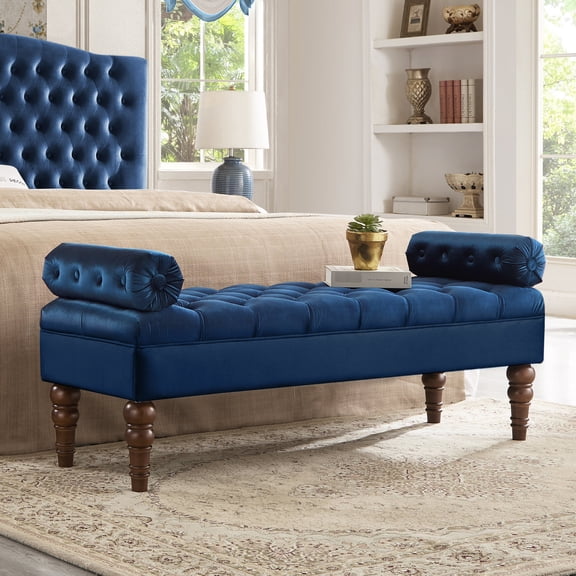 Navy Velvet - Classical Style with Spindle Legs - Bedroom Accent - Comfort and Durability Bench