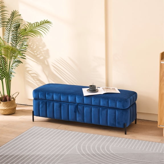 Navy Velvet Storage Bench - 49.21" Wide. For Living Room, Bedroom & Entryway. Hidden Compartment For Sundry Goods. Soft Foam Padding. 5 Easy Assembly. Metal Legs. Solid Wood Frame. 275 Lbs