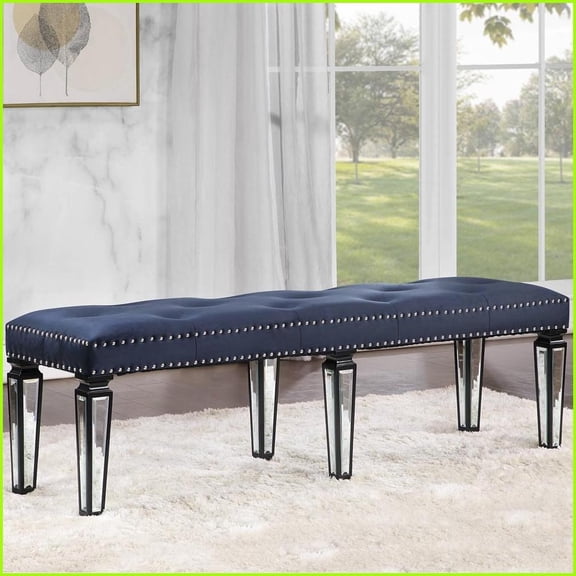Navy Velvet Tufted Bench with Glam Mirrored Legs | Navy | Velvet
