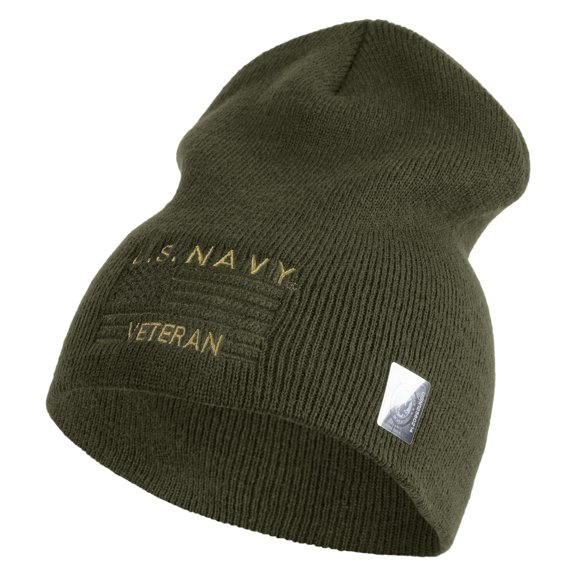 Navy Veteran Flag Symbol Embroidered Heavyweight Classic Knit YP Short Beanie - Olive OSFM