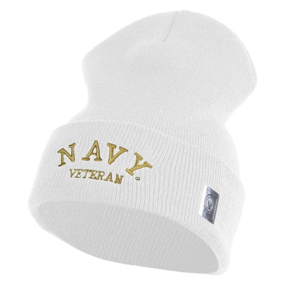 Navy Veteran Letters Embroidered 12 inch Cuffed Knit YP Long Beanie - White OSFM