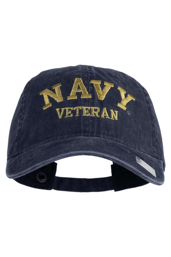 Navy Veteran Letters Embroidered Washed Solid Pigment Dyed Cotton Twill Brass Buckle Cap - Navy OSFM