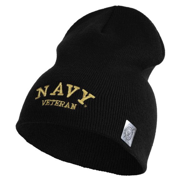 Navy Veteran Letters Symbol Embroidered Heavyweight Classic Knit YP Short Beanie - Black OSFM