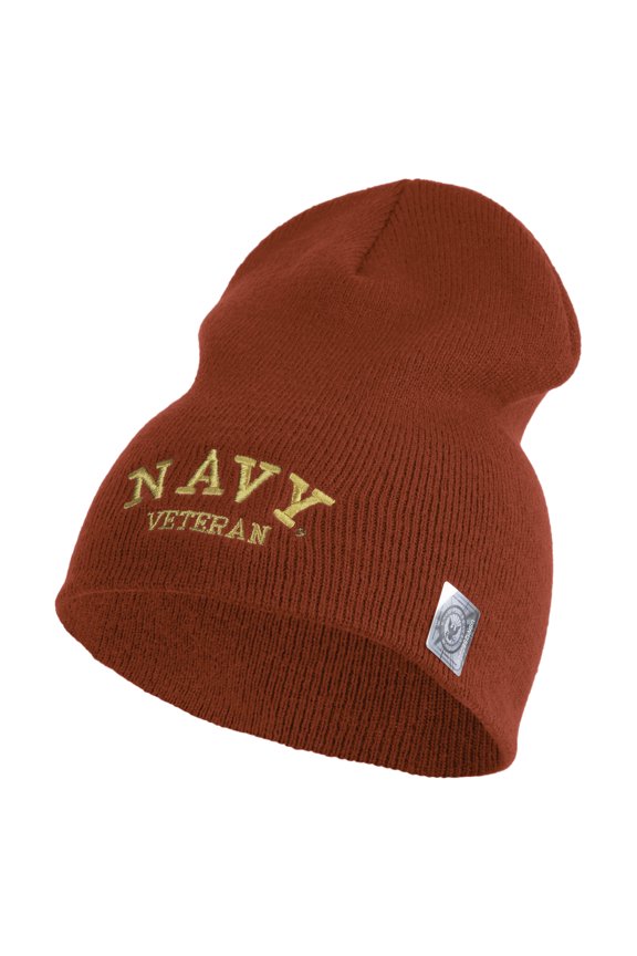 Navy Veteran Letters Symbol Embroidered Heavyweight Classic Knit YP Short Beanie - Red OSFM