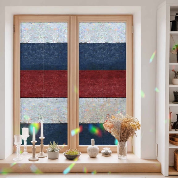 Navy Vintage Barn Wood Board Window Privacy Film,Decorative Windows Static Cling Rustic Blue Red White Plank Heat Control Removable Glass Sticker for Home Bathroom Bedroom Window Door,23.6x59in
