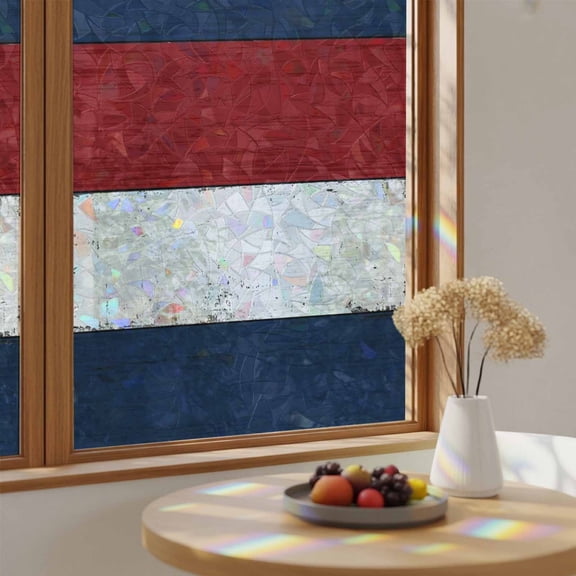 Navy Vintage Barn Wood Board Window Privacy Film,Heat Control Sun Blocking Static Cling Rainbow Film,Rustic Blue Red White Plank Non-Adhesive Glass Sticker Door Window Tint,17.7" x 39.3"