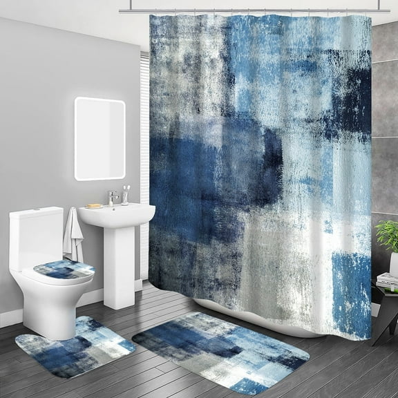 Bathroom Sets Navy Shower Curtains with 12 Hooks Large Bath Mat, Toilet Lid Cover and U-Shape Rugs for Home Hotel Decor
