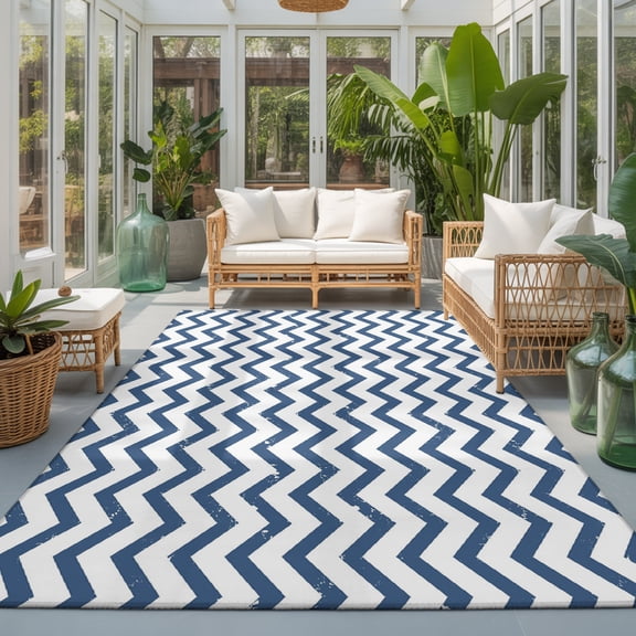 Navy Wave Line 9'x12' Area Rugs for Living Room Sectional Sofa, Modern Minimalist Nautical Navy Blue Chevron Stripe Washable Sturdy Non Slip Soft Sturdy Rectangle Home Area Rug