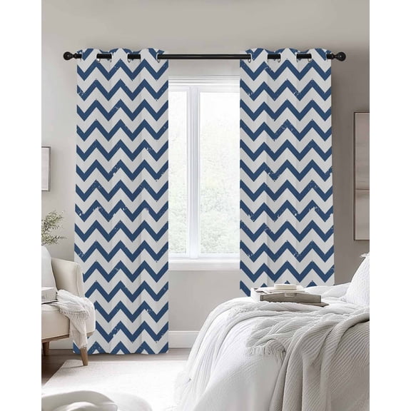 Navy Wave Line Blackout Curtains 2 Panels, Modern Minimalist Nautical Navy Blue Chevron Stripe Thermal Insulated Grommet Window Curtains for Bedroom Living Room 52"x96"