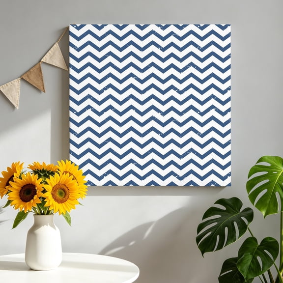 Navy Wave Line Canvas Wall Art, Modern Minimalist Nautical Navy Blue Chevron Stripe Framed Canvas Wall Decor Picture Print Artwork Decorations for Living Room Office Ready to Hang 8" x 8"