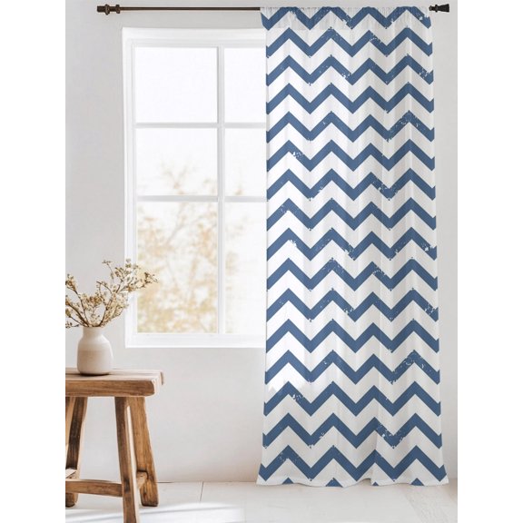 Navy Wave Line Sheer Curtains 108 Inch Long 1 Panel Modern Minimalist Nautical Navy Blue Chevron Stripe Light Filterring Curtain Drapes Voile Window Curtain for for Living Room Bedroom 52" x 108"